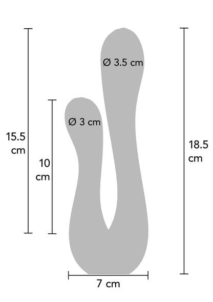 Seksspeeltje-vibrator (silhouet) met afmetingen: 15,5 cm hoog en 7 cm breed.