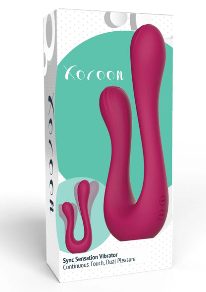 Verpakkingsdoos met donkerroze U-vormige vibrator en klein bijpassend model.