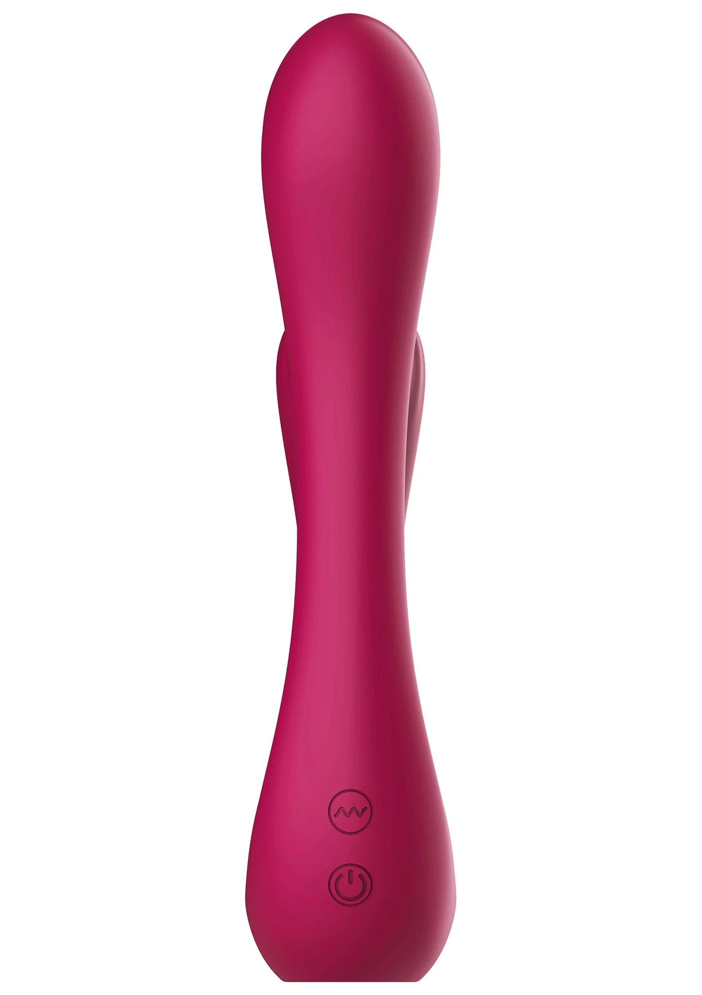 Seksspeeltje-vibrator in donkerroze, langwerpige U-vorm met bedieningsknoppen.