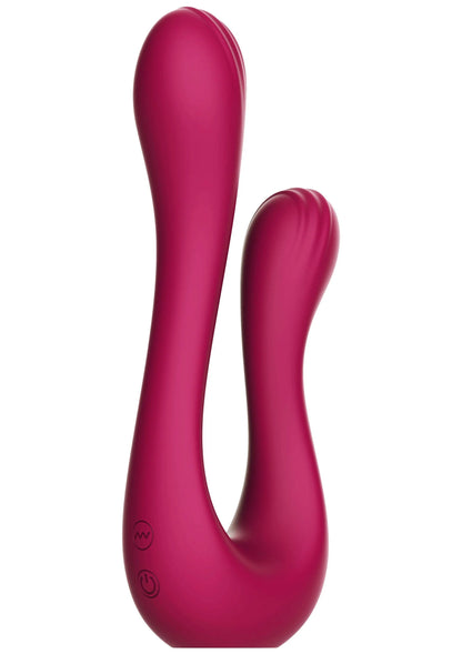 U-vormige seksspeeltje-vibrator in donkerroze met glanzende, afgeronde uiteinden.