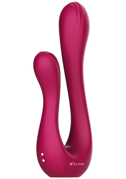 U-vormige seksspeeltje-vibrator in donkerroze met Xocoon-logo op de basis.