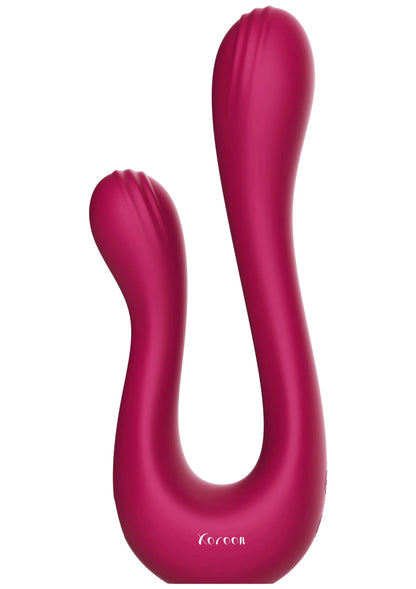 Seksspeeltje-vibrator in donkerroze, U-vorm met brede onderkant en ronde armen.