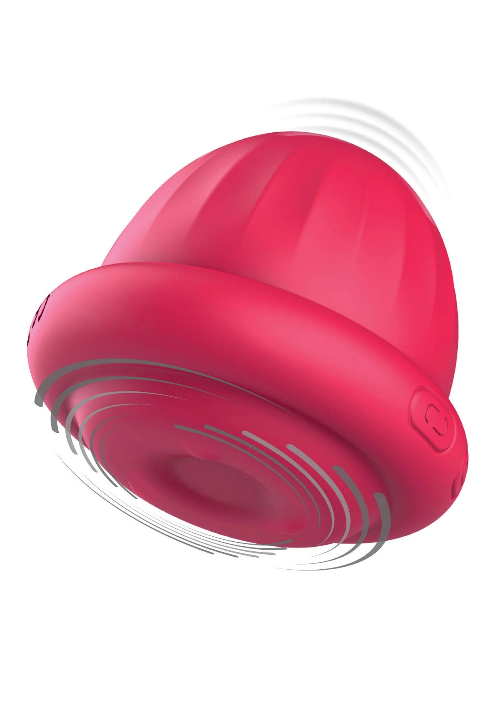 Rode clitorisstimulator met trillingstrepen aan de onderzijde, schuin frontbeeld