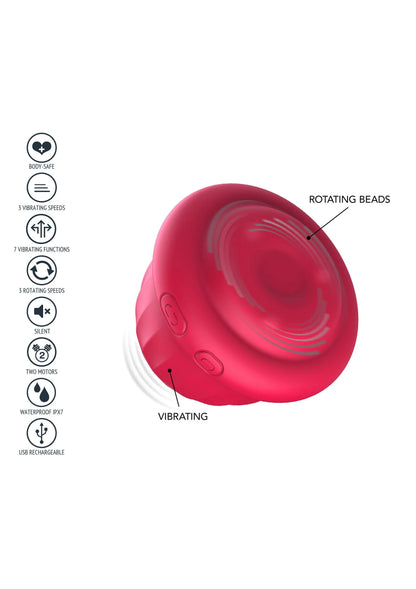 Rode Xocoon clitorisstimulator met labels: roterende beads en vibratie, pijlen op toestel