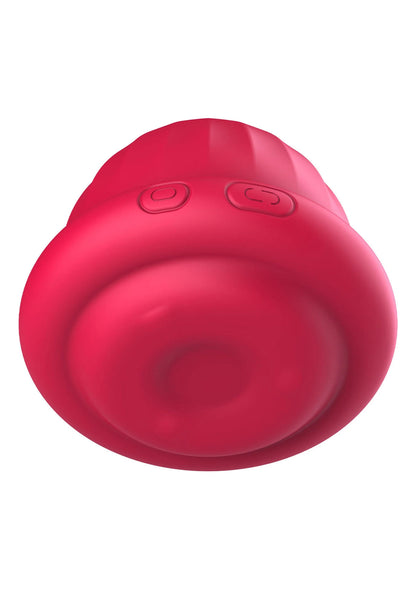 Rode Xocoon clitorisstimulator, close-up van de behuizing met ronde kuipvorm