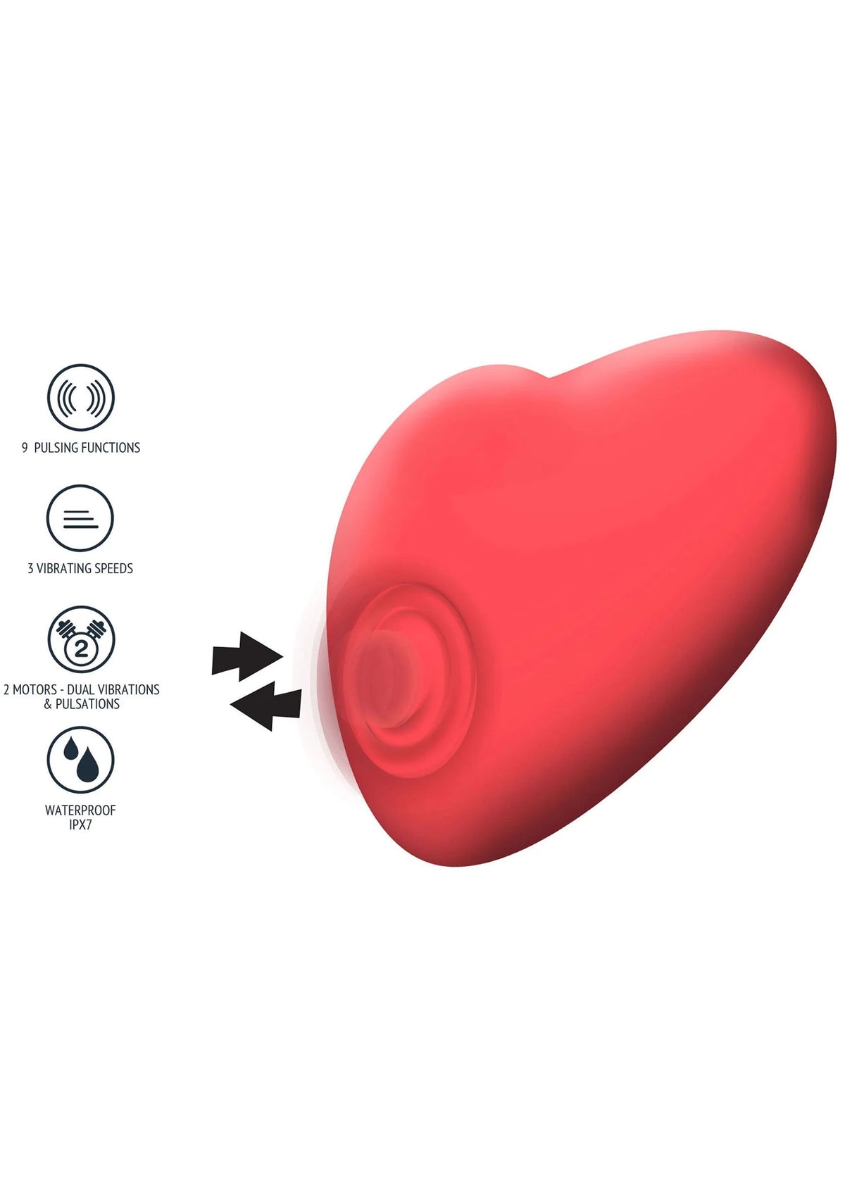 Rode hartvormige vibrator met bedieningsknop en overzicht van functies links