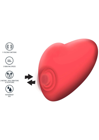 Rode hartvormige vibrator met bedieningsknop en overzicht van functies links