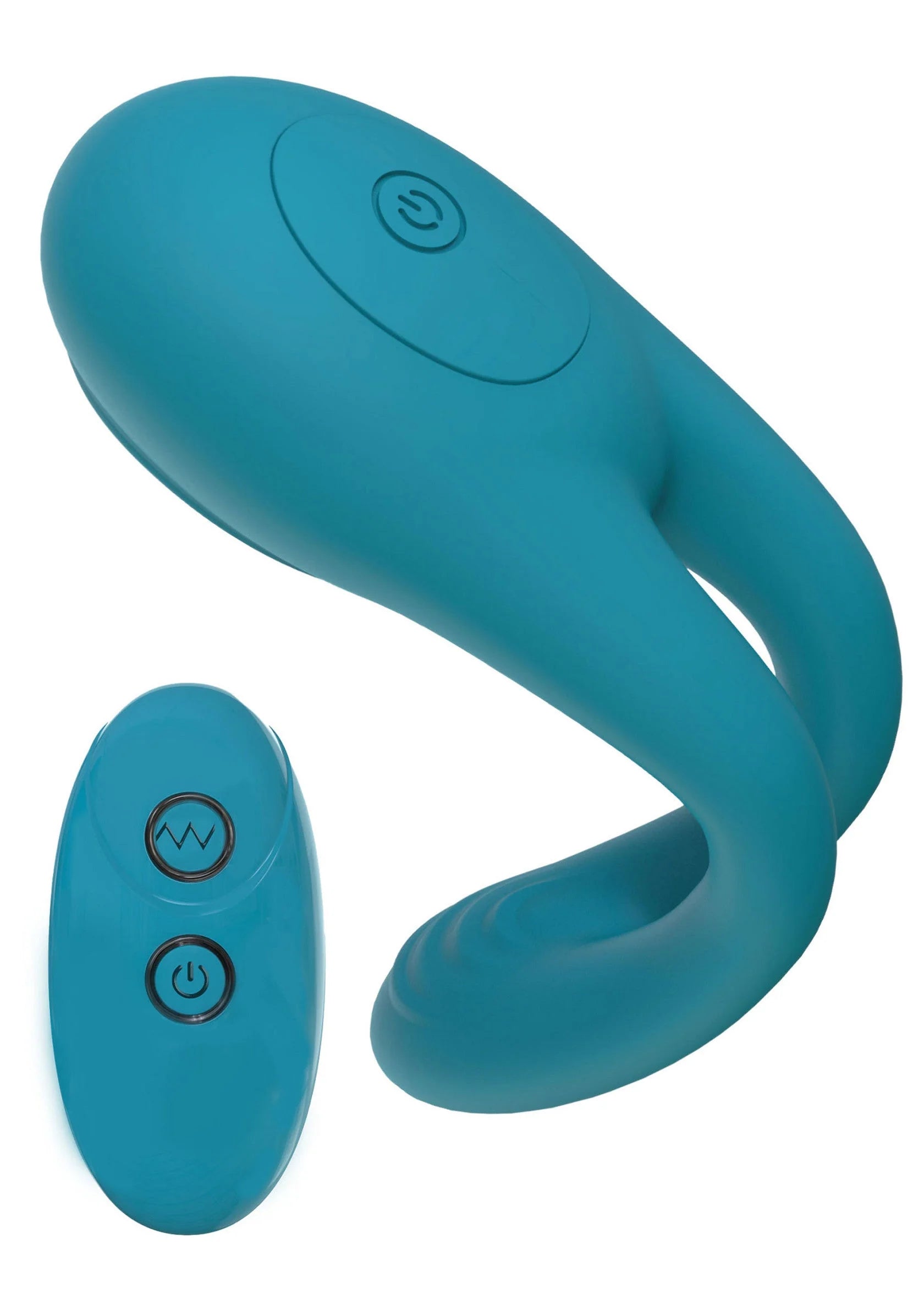 Blauwe vibratorring met ovale afstandsbediening, gebogen design in beeld.