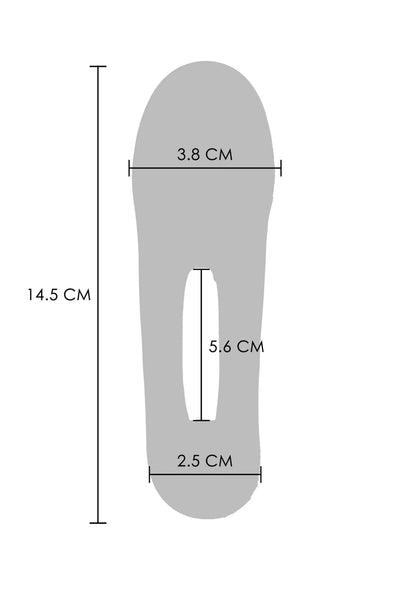 Maatdiagram van blauwe vibratorring: 14,5 cm lang en 5,6 cm breed.