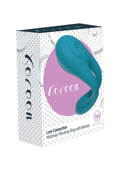 Geschenkdoos met blauwe vibratorring en afstandsbediening, product op voorkant.