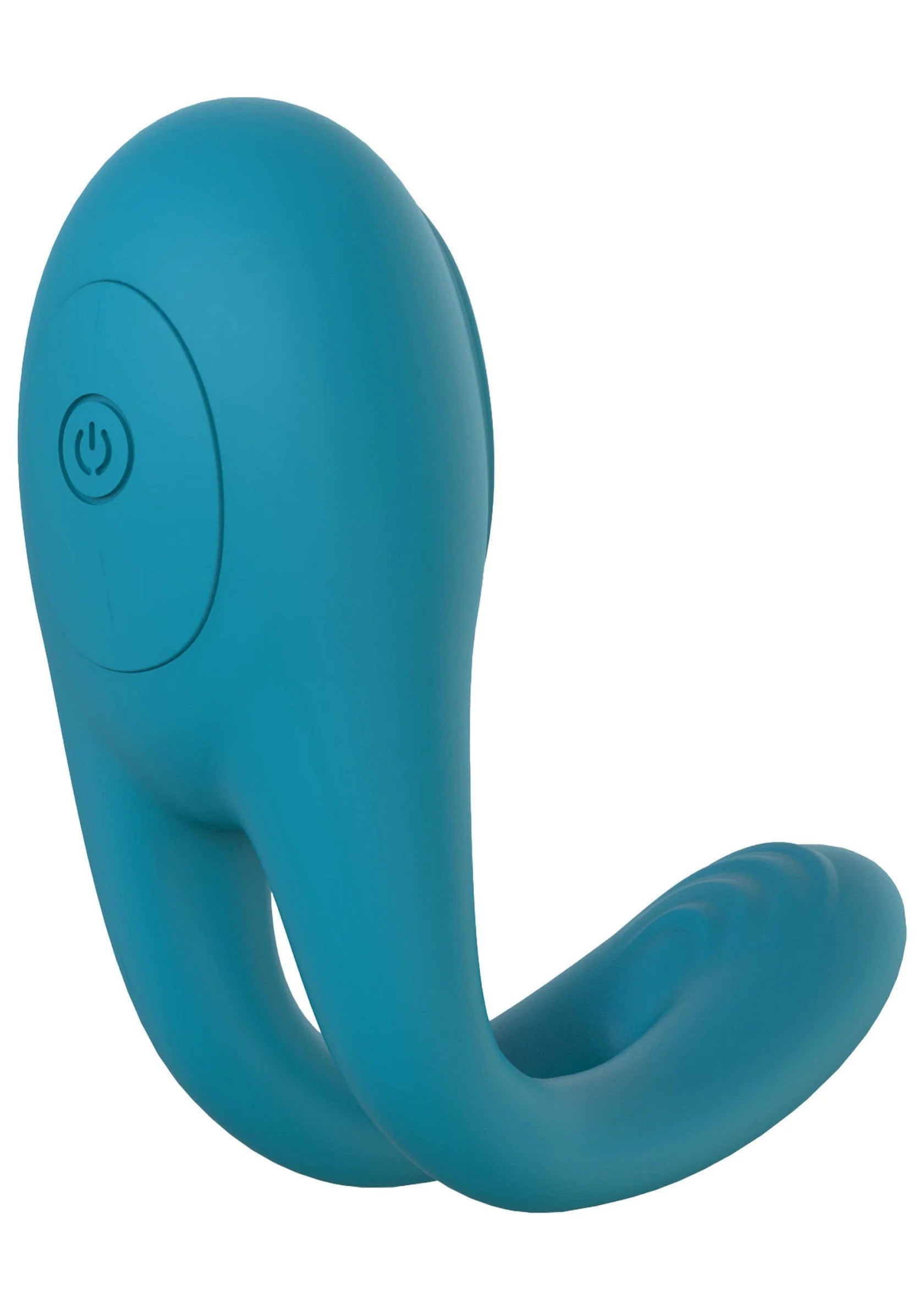 Blauwe ringvormige massager met ronde bedieningsknop aan zijkant.