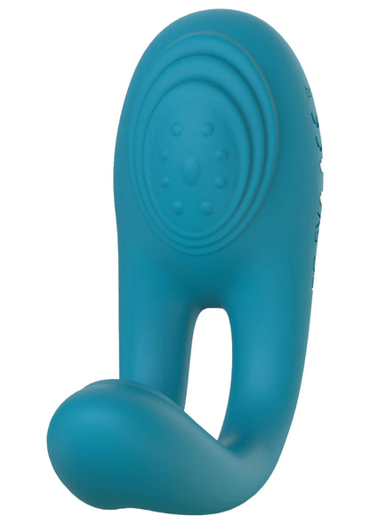 Blauwe ringvormige massager met ronde patroonmarkering aan de bovenzijde.