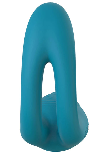 Blauwe ringvormige massager in staande stand met open binnenruimte.