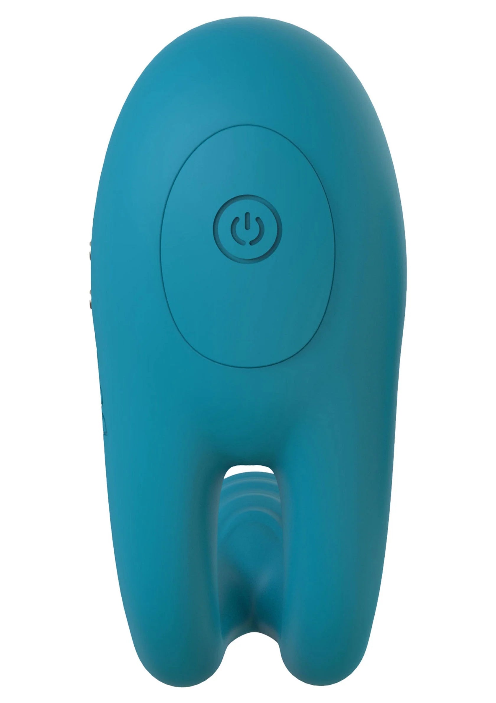 Blauwe ringvormige massager met bedieningsknop op het platte voorpaneel.