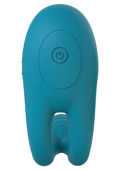 Blauwe ringvormige massager met bedieningsknop op het platte voorpaneel.