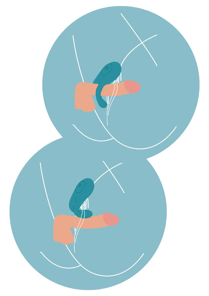 Illustratie van twee handjes die een ringvormige massager aan de binnenkant vasthouden.