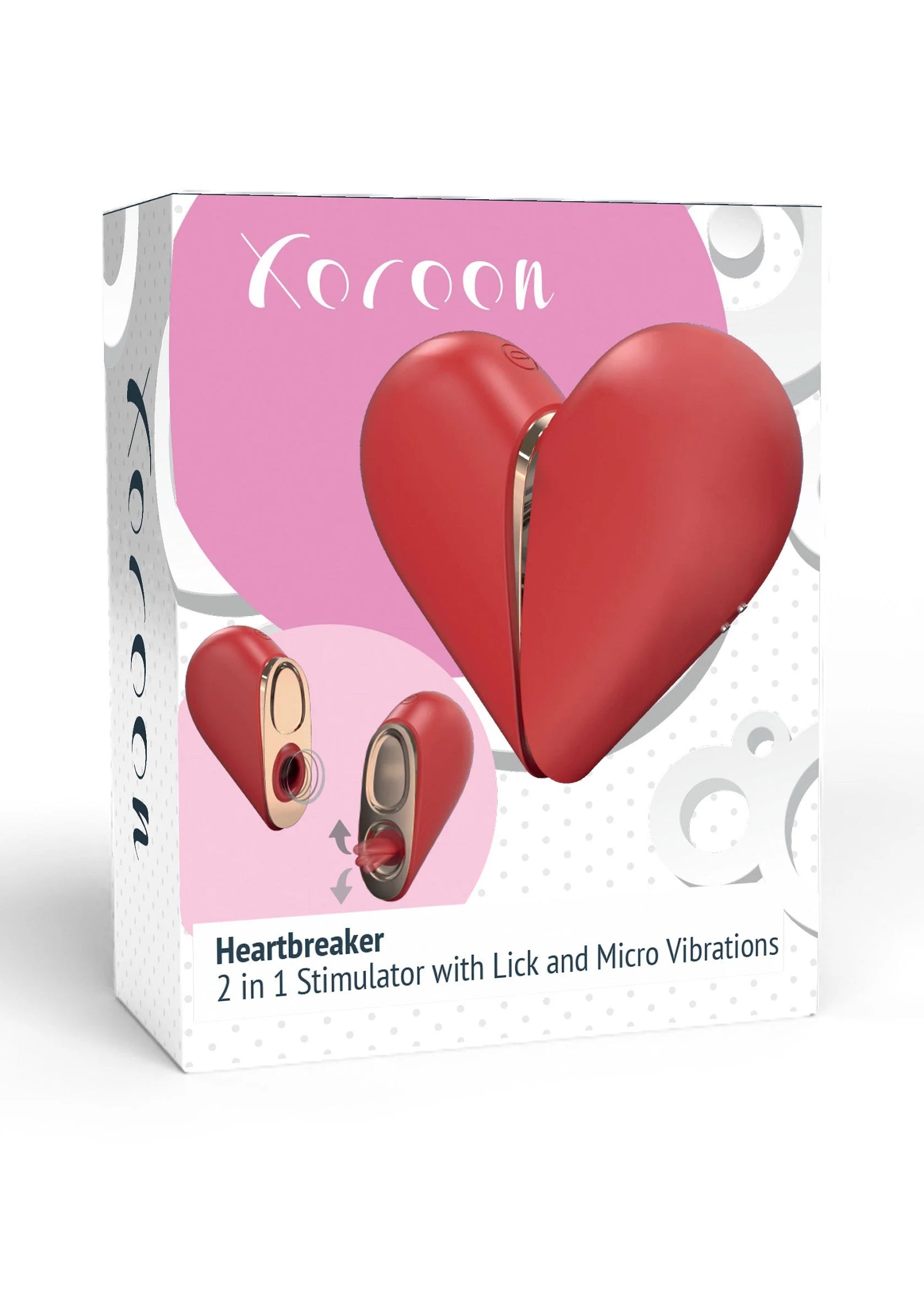 Hartvormige 2-in-1 stimulator in rood op kartonnen verpakking
