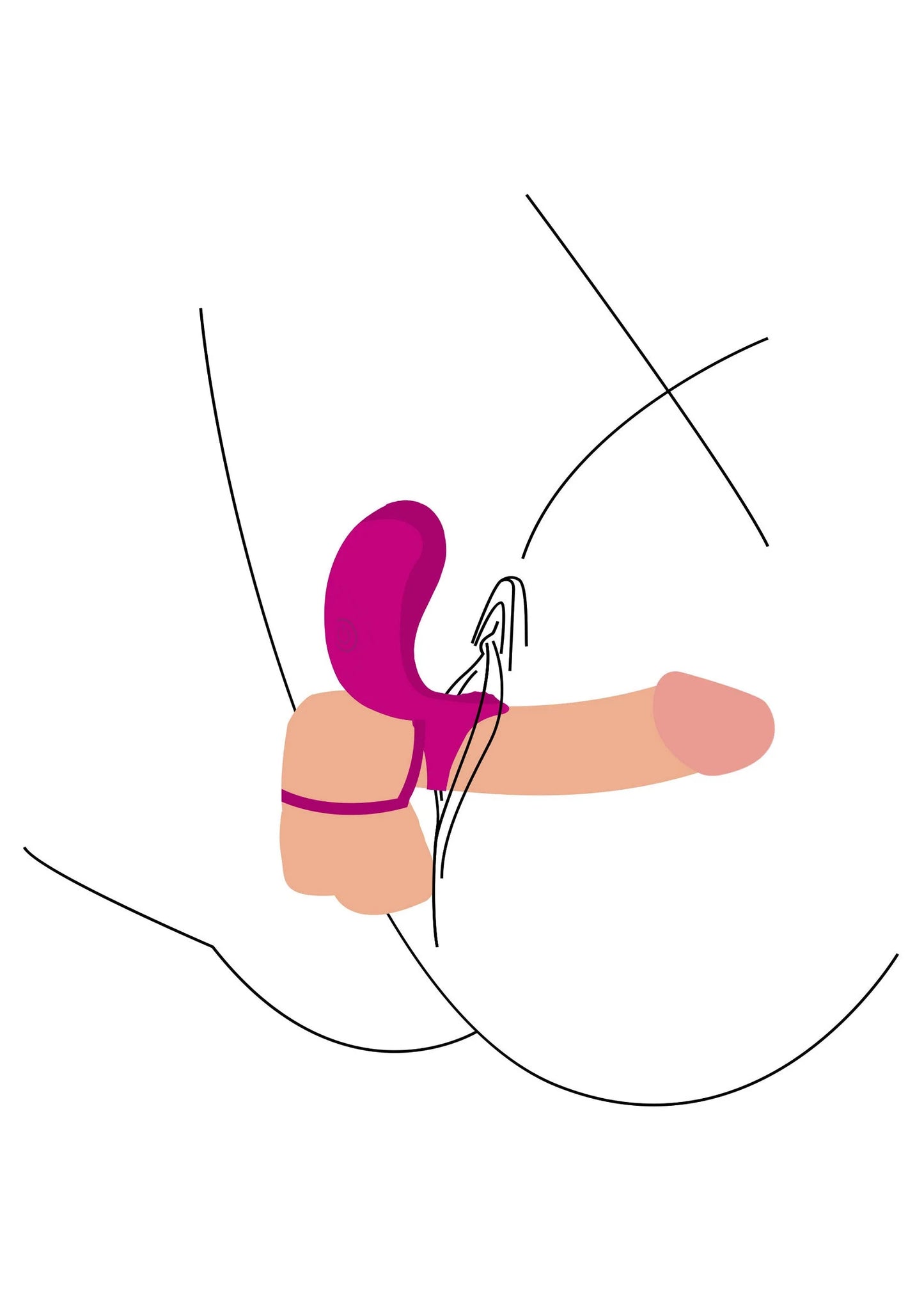 Illustratie van Xocoon paarstimulator-ring geplaatst op intieme plek, paars