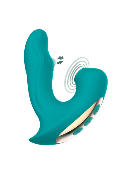 Teal gebogen air pulse vibrator met ronde contactdop aan de onderzijde.