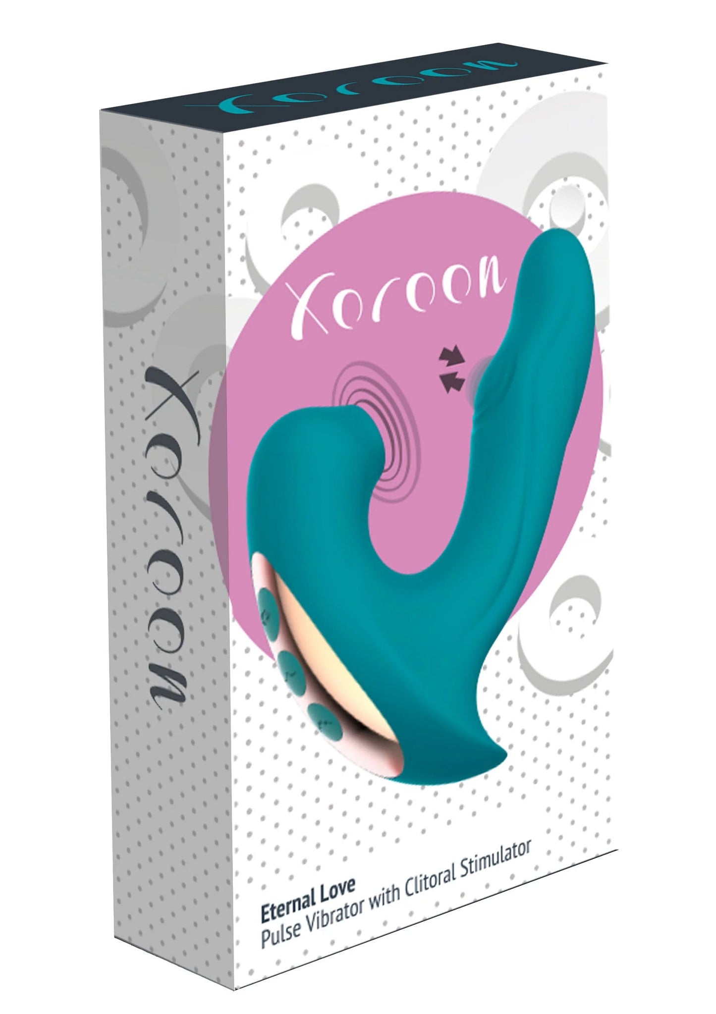 Verpakking van teal Xocoon Air Pulse Vibrator met geluidsgolven en gebogen vorm.