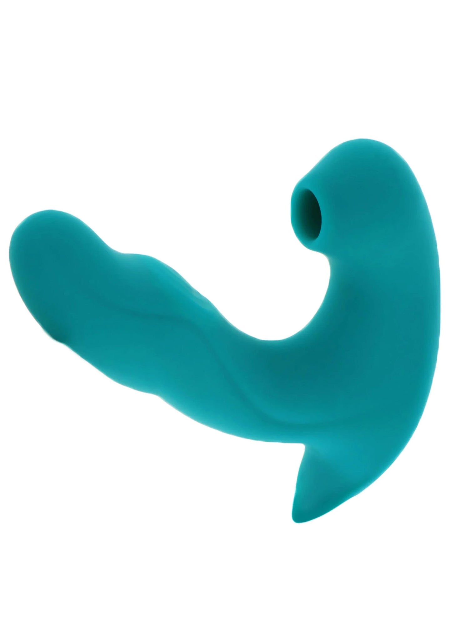Teal gebogen vibrator met open uiteinde en afgeronde schacht.