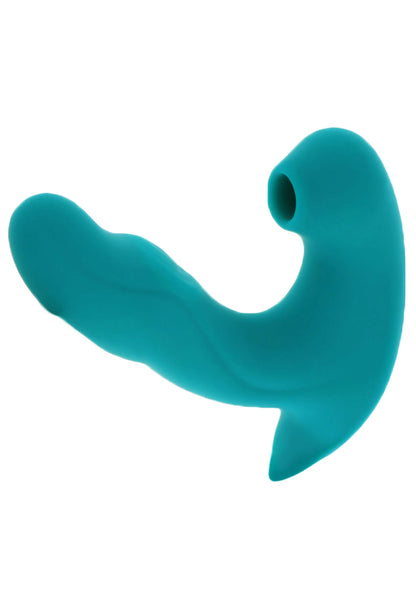 Teal gebogen vibrator met open uiteinde en afgeronde schacht.
