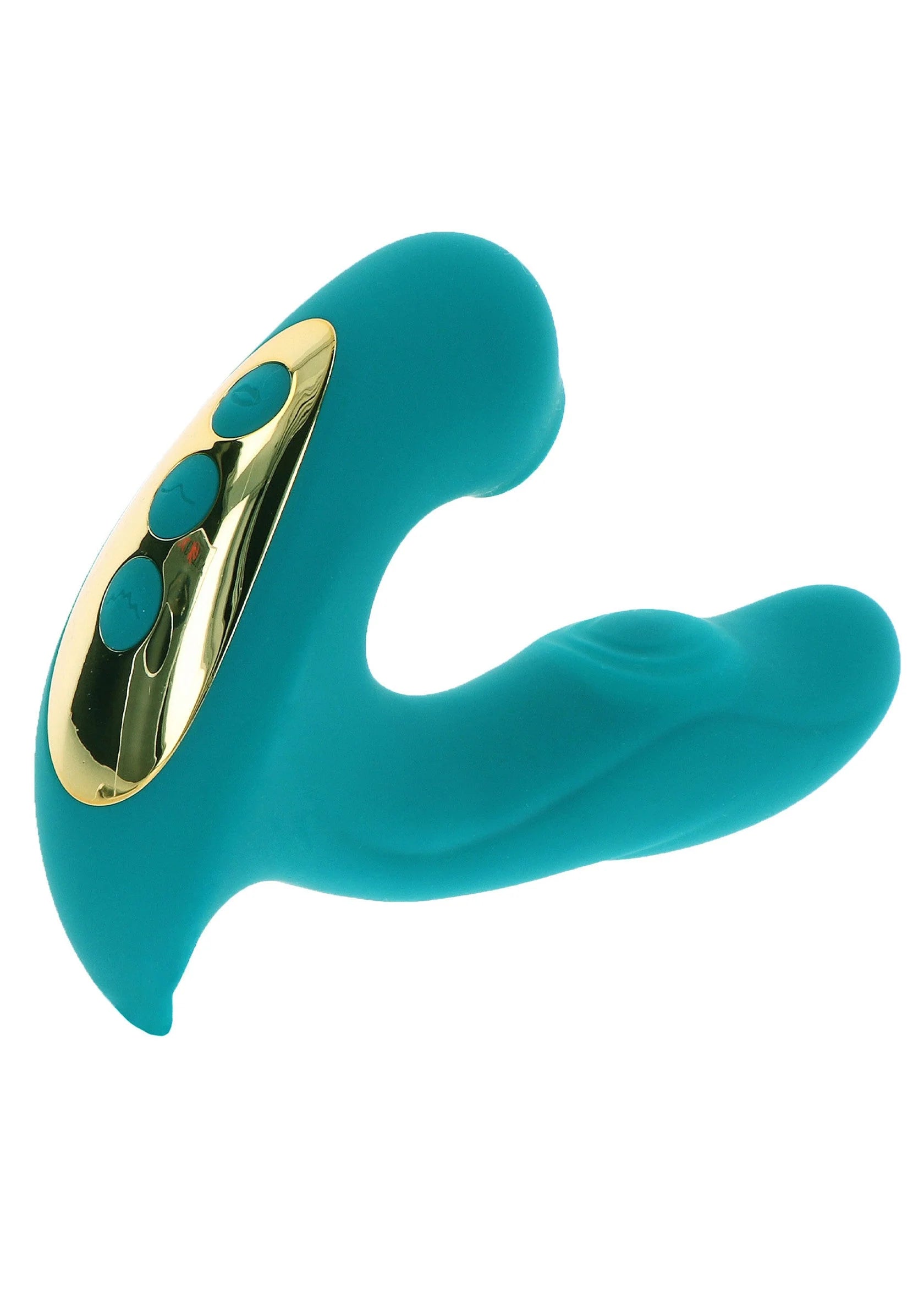 Teal vibrator met gouden contactplaat en ronde kleurige inzet op de kop.