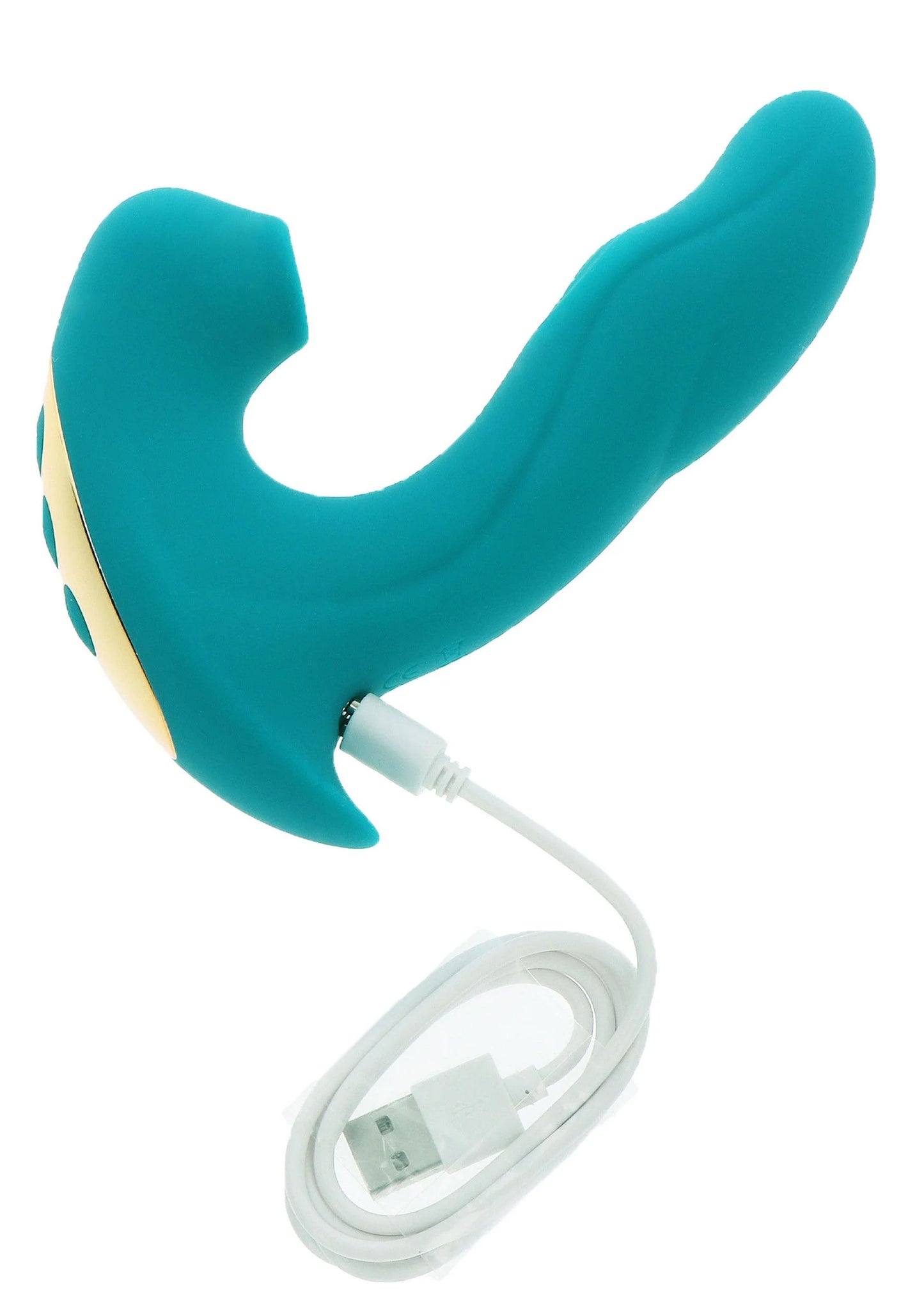 Teal vibrator met aansluitkabel en gouden contactplaat; kabel uit de behuizing.