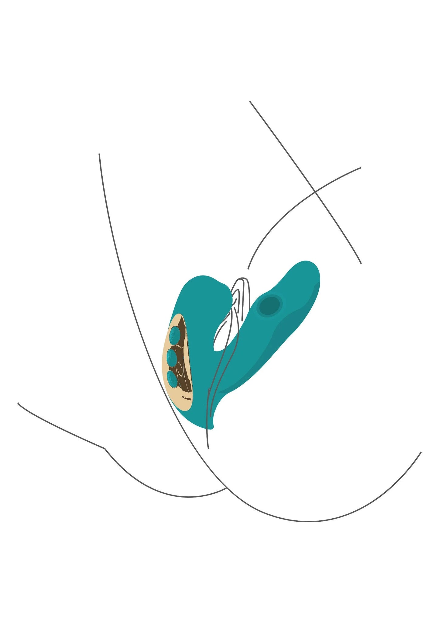 Teal vibrator met reliëf noppen op de onderkant en gebogen U-vorm.