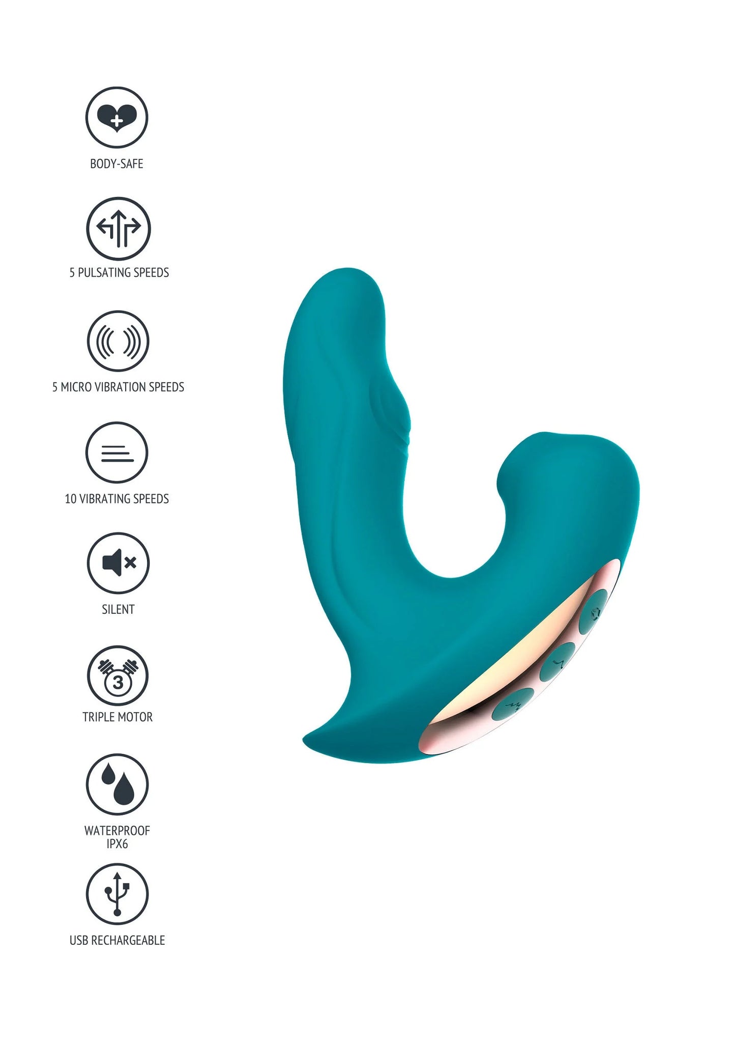 Teal vibrator met pictogrammen: 5 standen, waterdicht en USB-oplaadbaar.