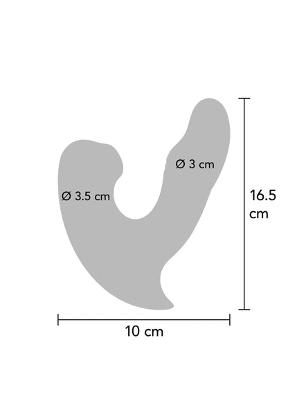 Teal vibrator afmetingen: 10 cm lang, Ø 3–3,5 cm; hoogte 16,5 cm.