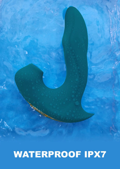 Teal vibrator onder water, waterdicht IPX7, met ronde contactdop.