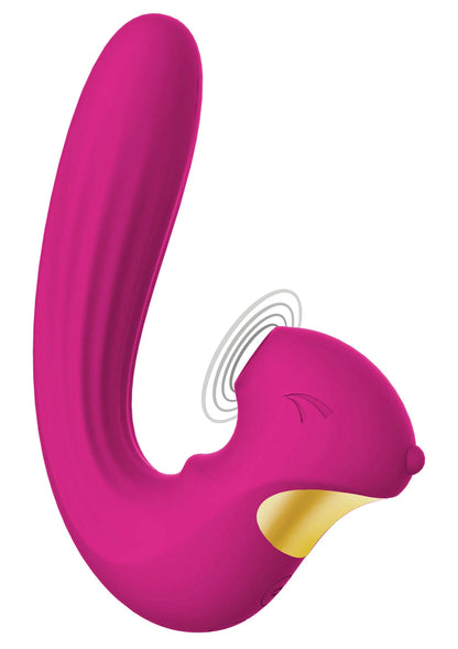 Roze clitorisvibrator met gebogen arm, kleine opening aan de kop en gele onderzijde