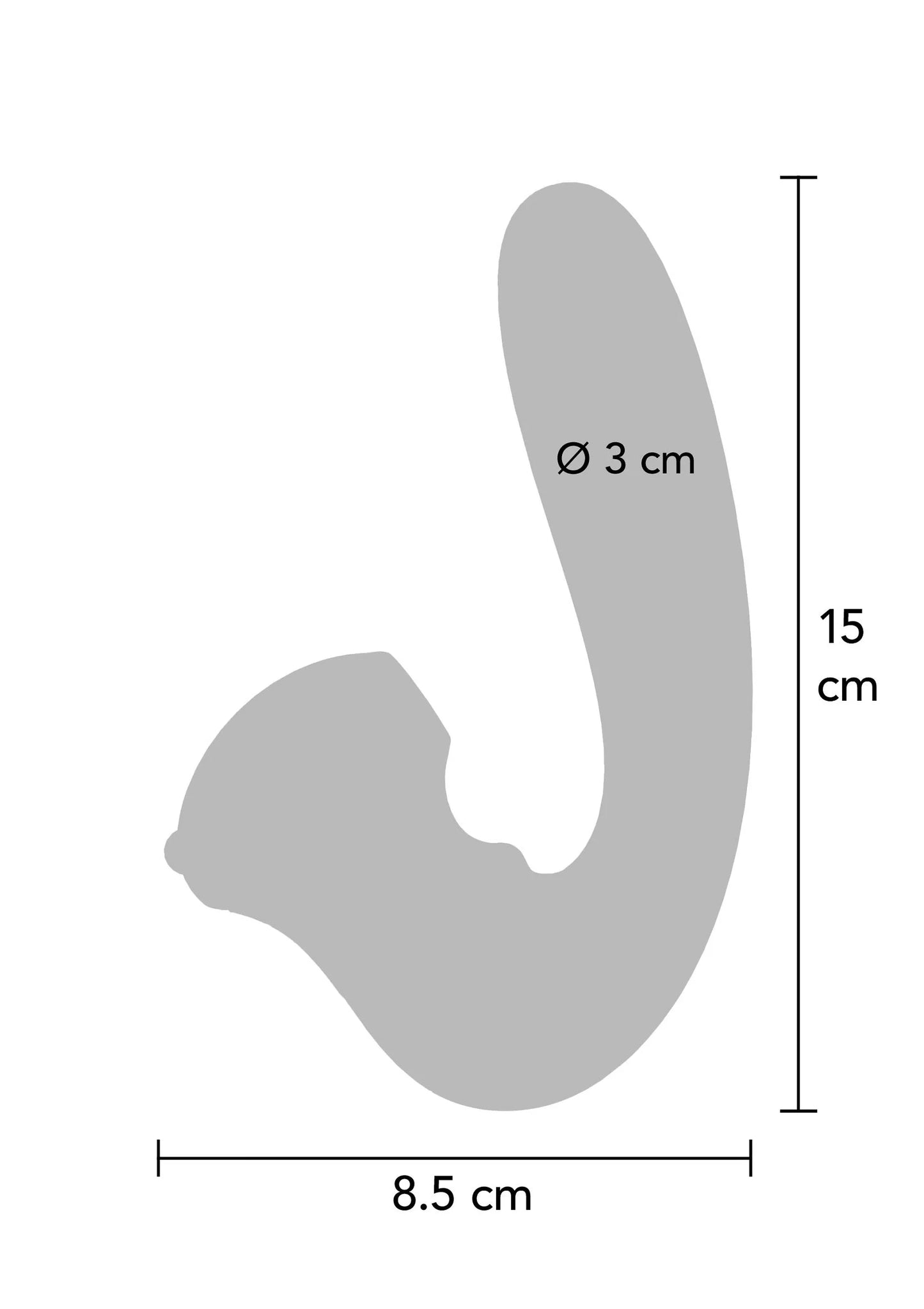 U-vibrator-silhouet met afmetingen: 8,5 cm breed en 15 cm lang.