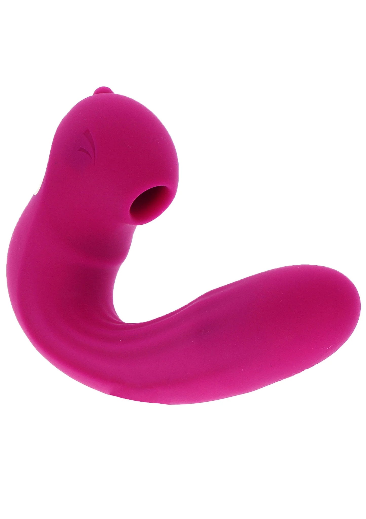 Roze clitorisvibrator met gebogen arm en ronde kop met kleine opening