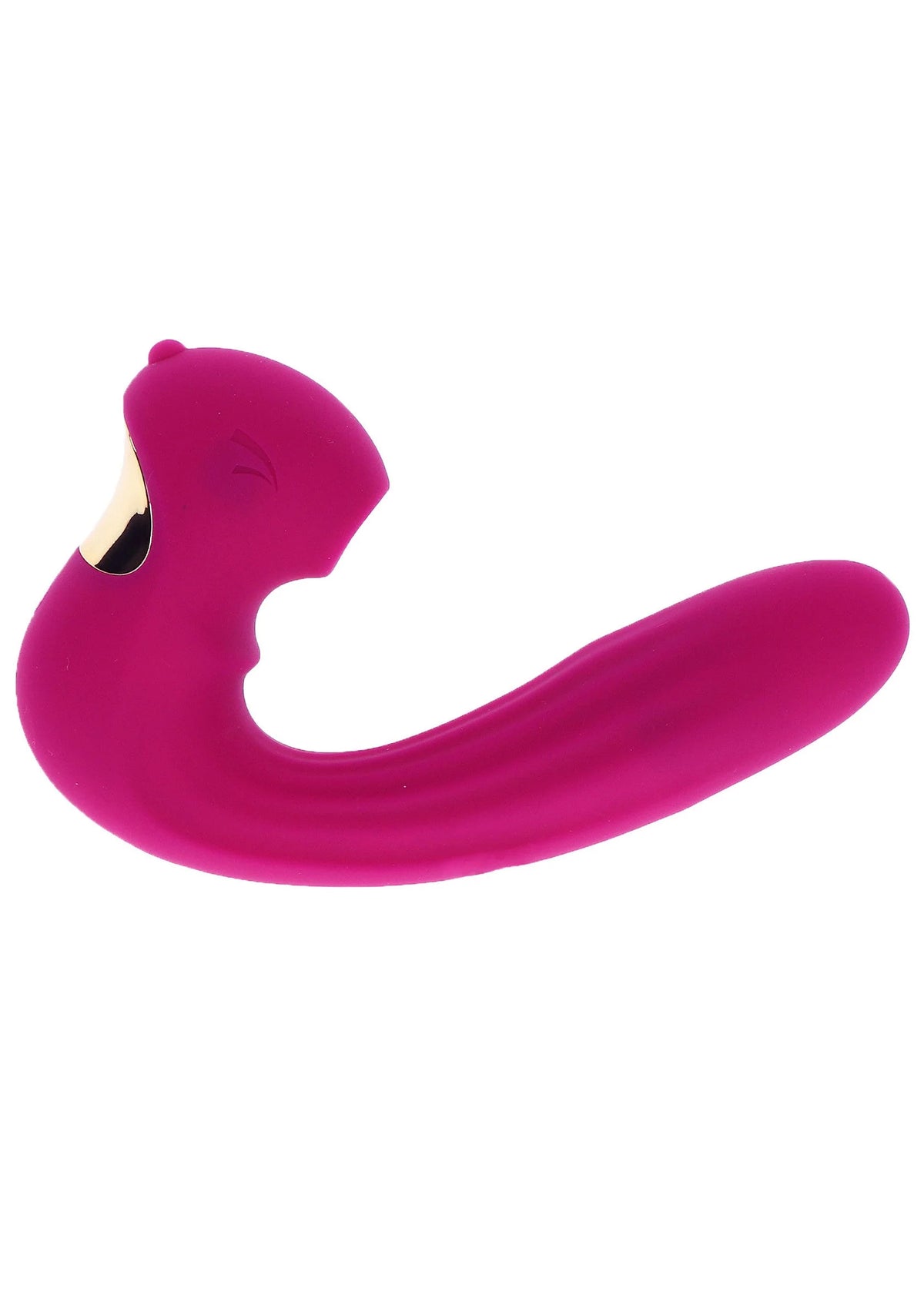 Roze U-vormige vibrator met gouden rand aan de punt.