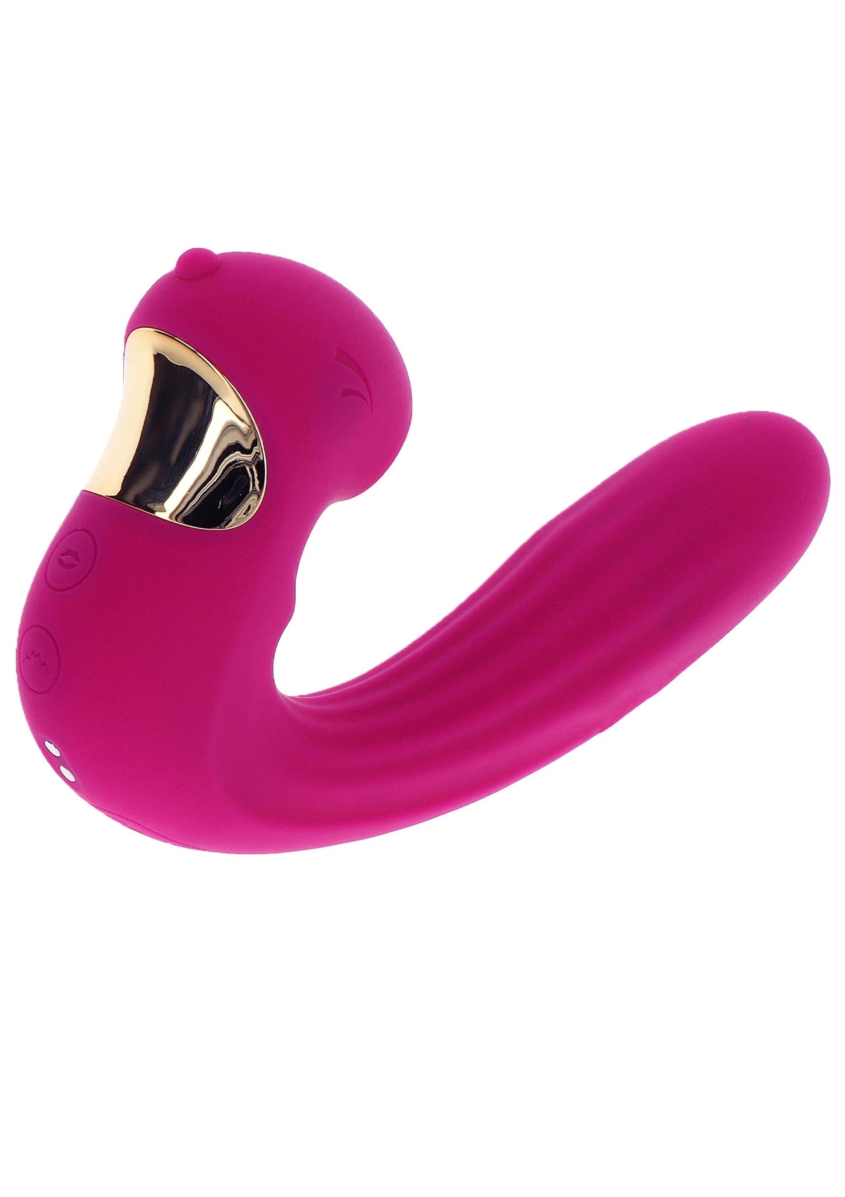 Roze U-vormige vibrator vanuit zijaanzicht met gouden metalen inzet.