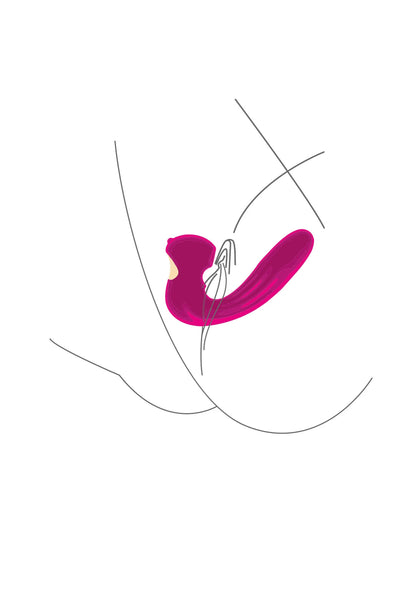 Roze U-vibrator met grafische vibratielijnen rondom het product.