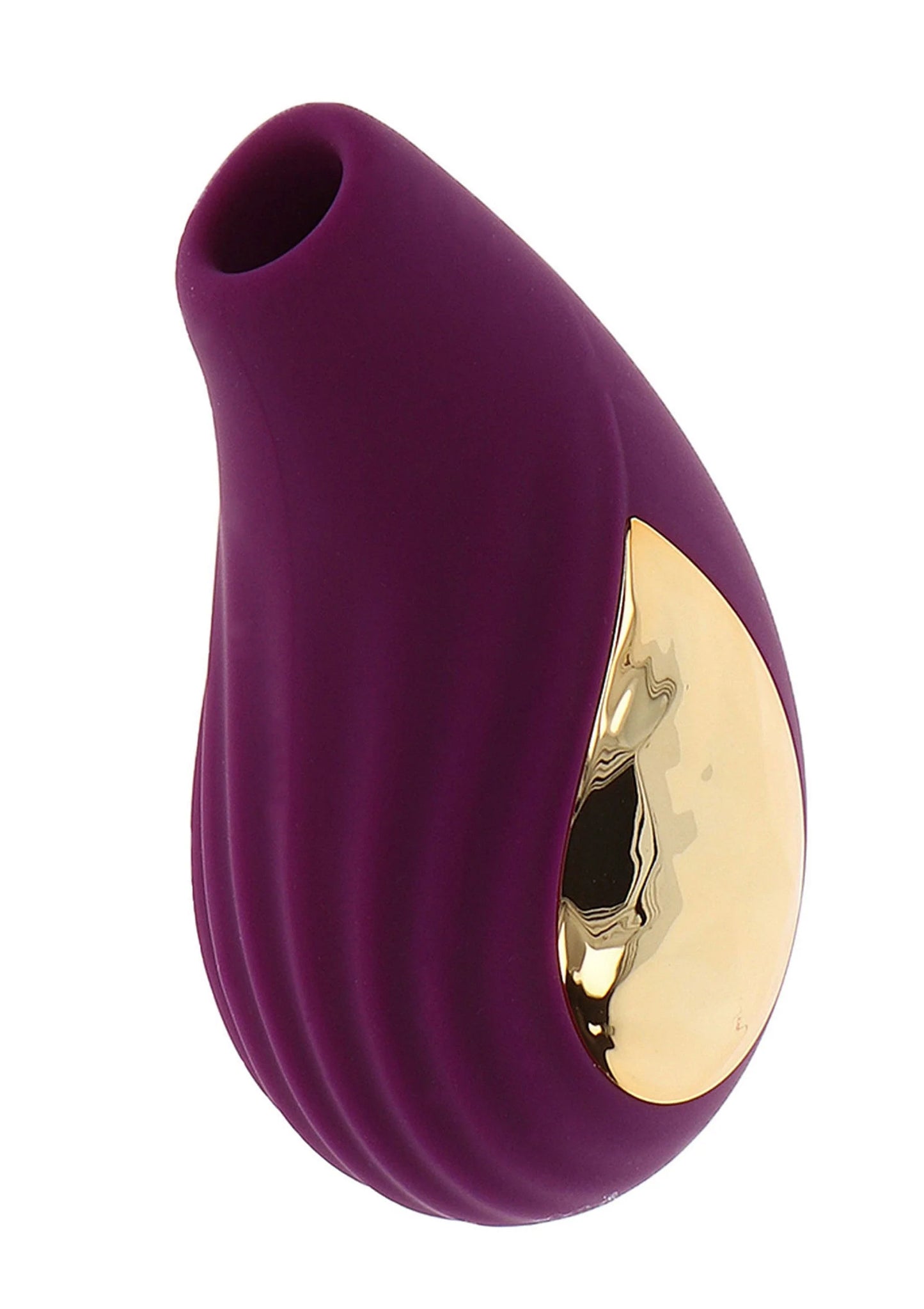 Paarse handheld stimulator met goudkleurige opening aan de zijkant