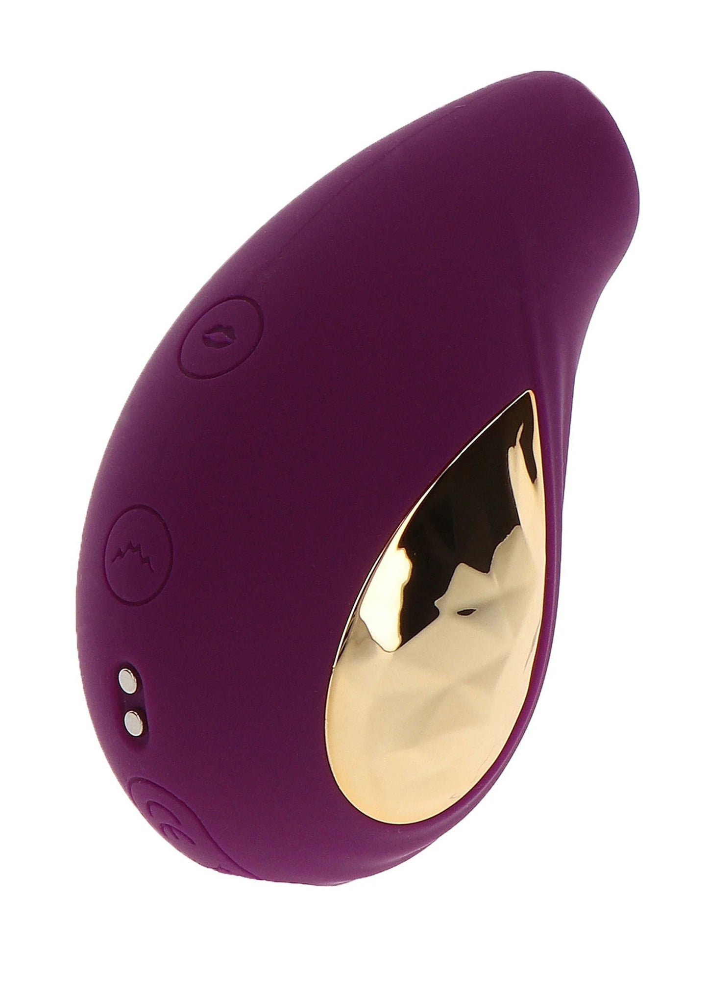 Paarse handheld stimulator met gouden inzet en ronde knoppen