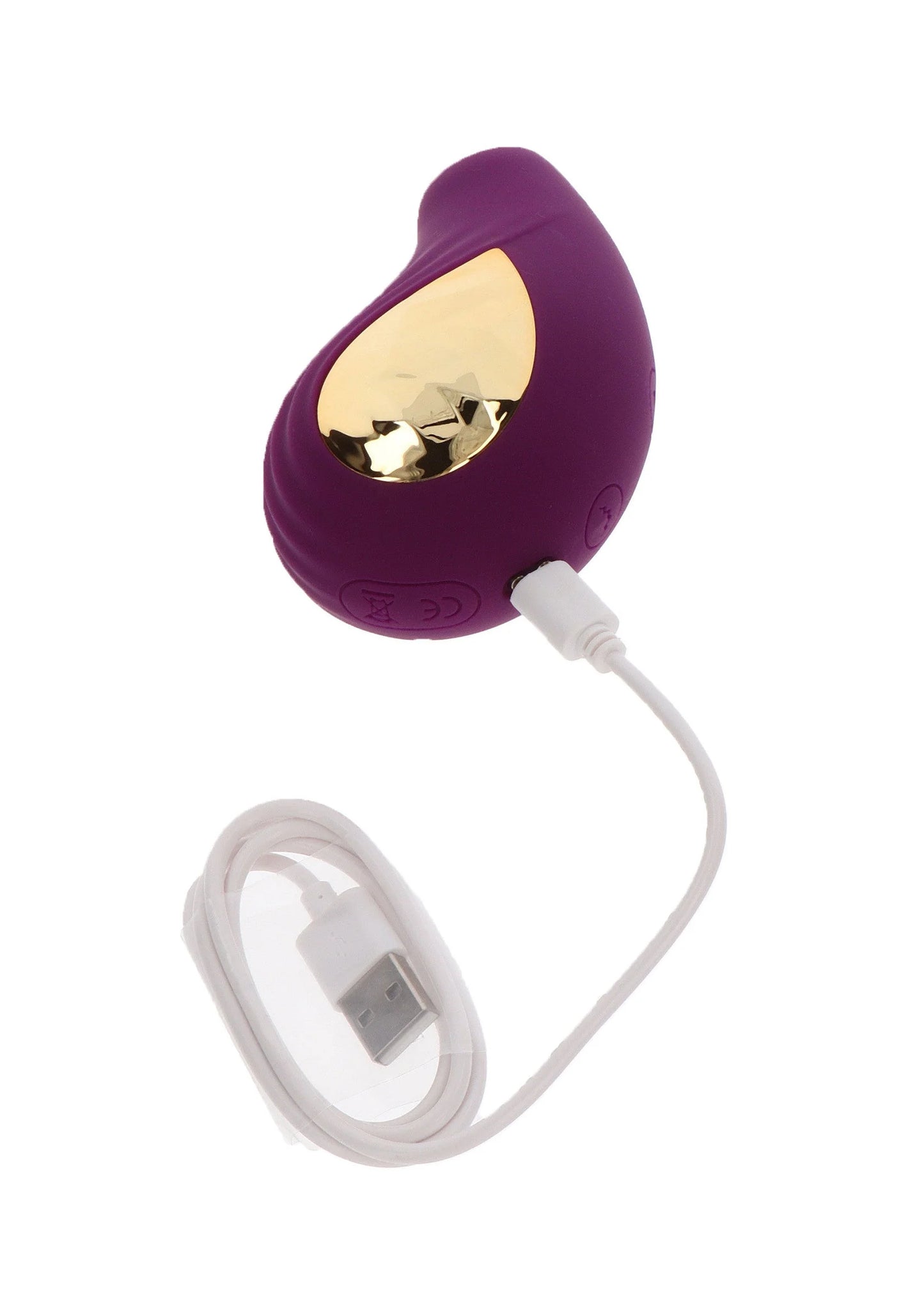 Paarse handheld stimulator met USB-laadkabel en gouden inzet