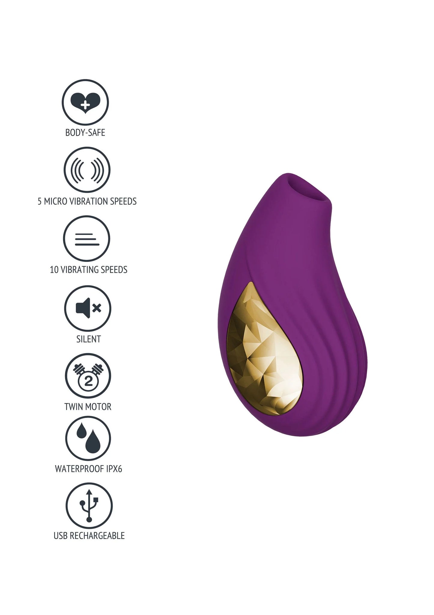 Paarse Xocoon stimulator met pictogrammen voor functies