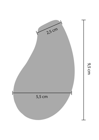 Afmetingen van paarse teardrop stimulator: 9,5 cm hoog, 5,5 cm breed