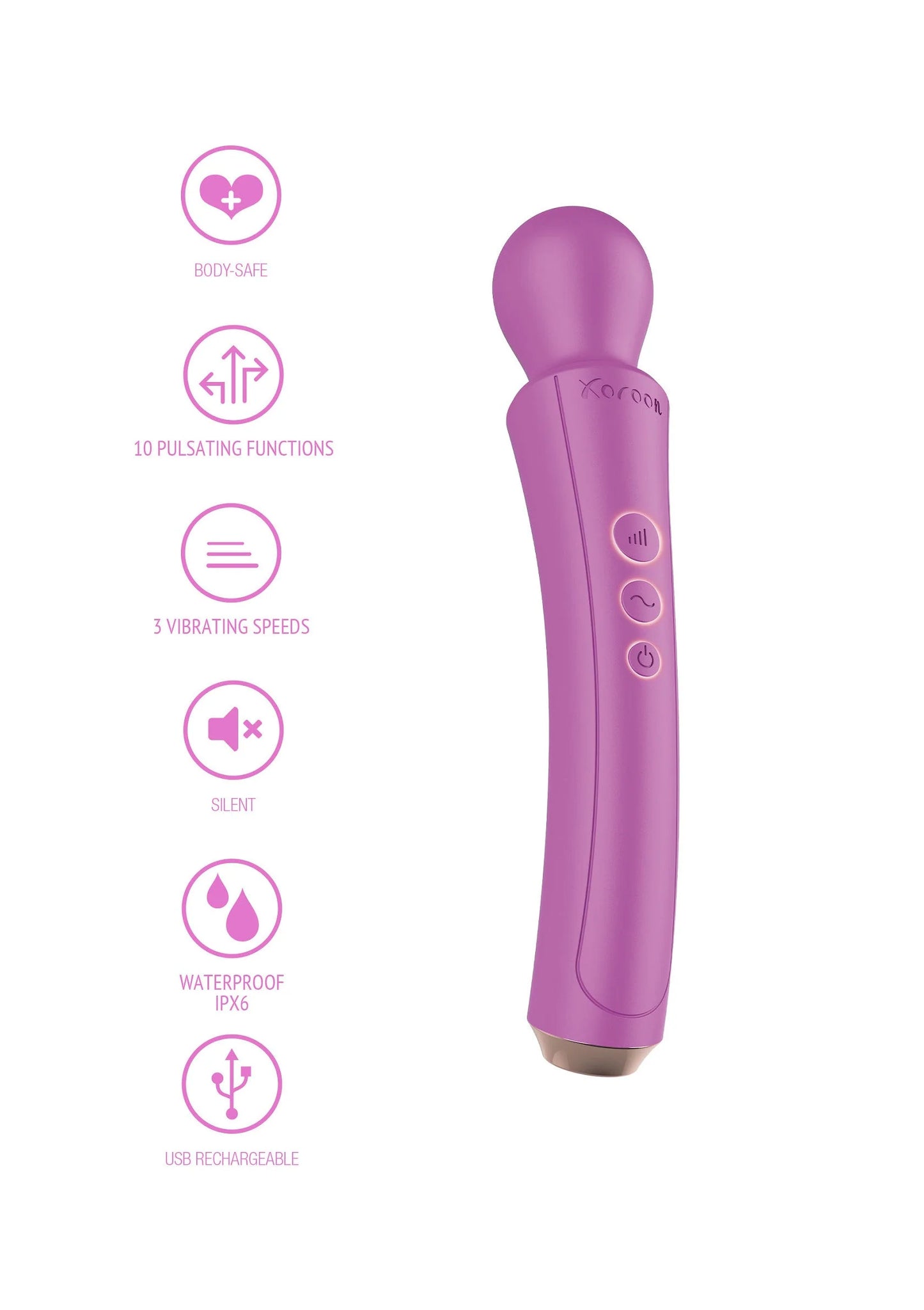 Curved Wand van Xocoon, functiesymbolen: body safe, pulsaties, vibratie en waterproof