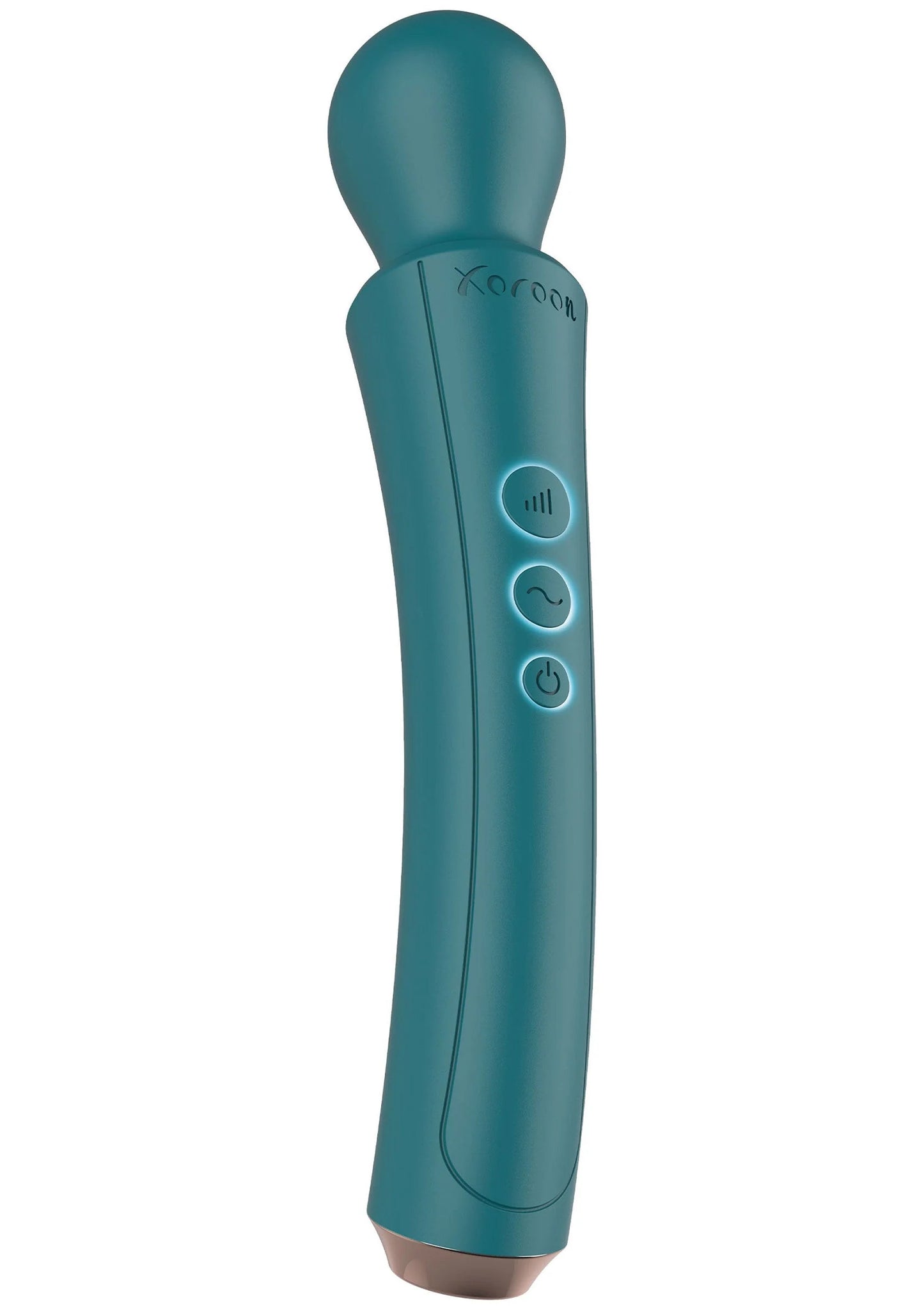 Turquoise gebogen handvibrator met ronde kop en drie knoppen