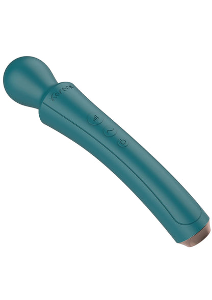 Turquoise gebogen handvibrator met ronde kop en knoppen