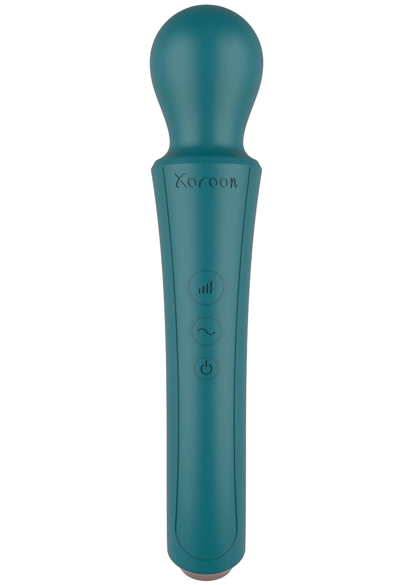 Turquoise gebogen handvibrator met bedieningsknoppen aan de voorzijde