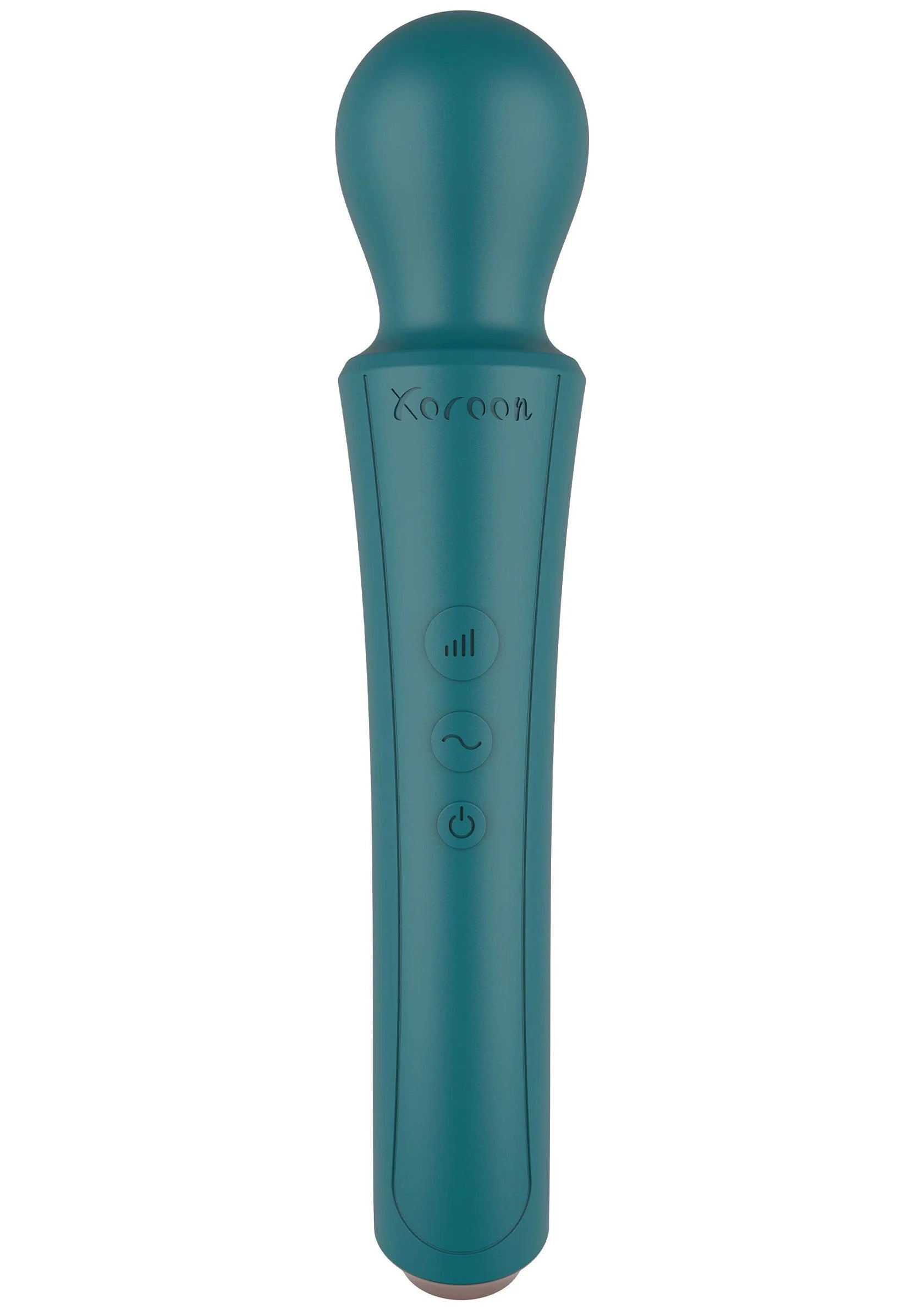 Turquoise gebogen handvibrator met bedieningsknoppen aan de voorzijde