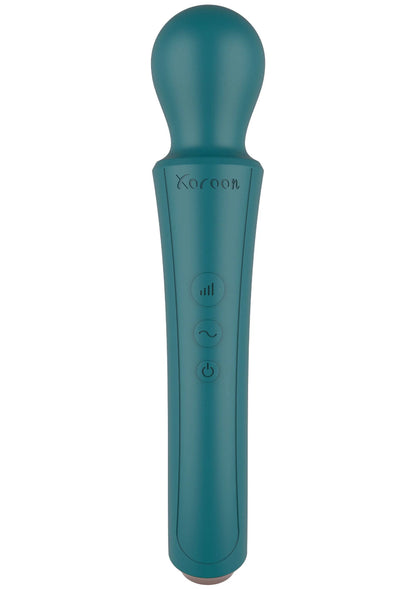 Turquoise gebogen handvibrator met bedieningsknoppen aan de voorzijde