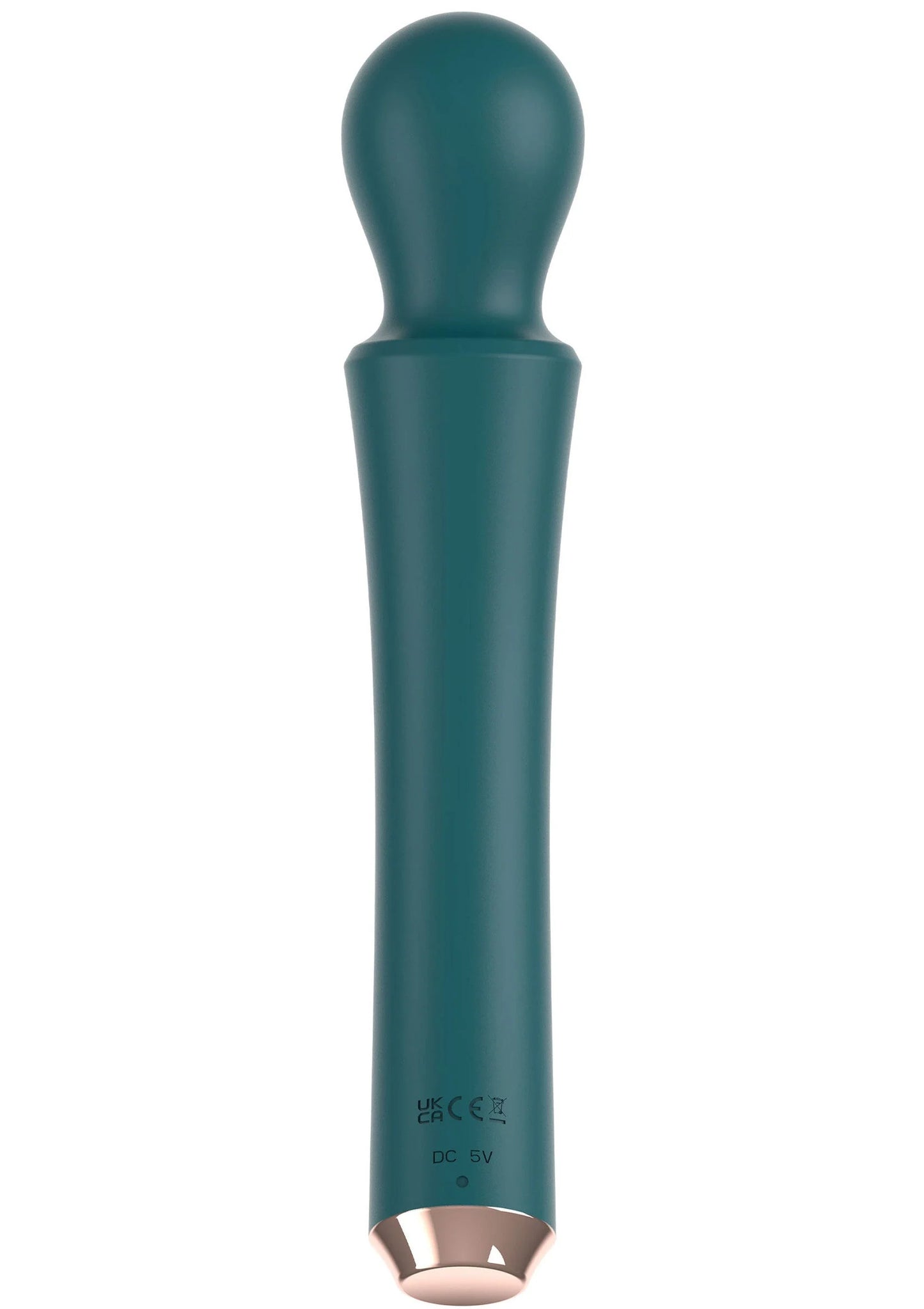 Turquoise gebogen handvibrator met ronde top en metalen onderkant